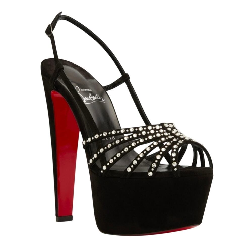 Christian Louboutin Black Suede Crystal Platform Sandal Slingback Heels 38 8